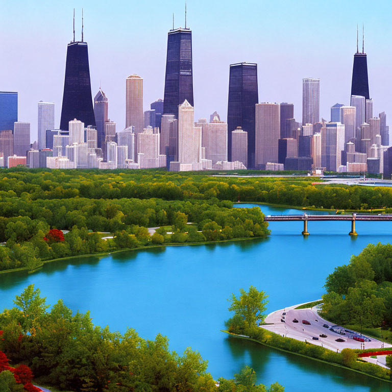 Urban skyline with skyscrapers, river, greenery, and road view