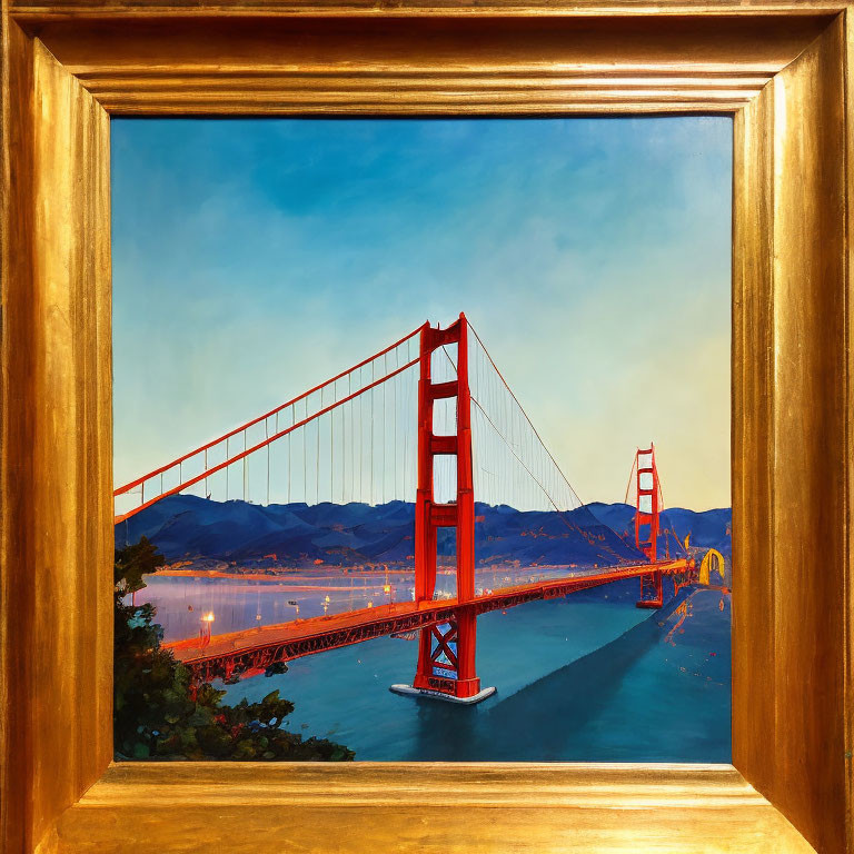 Framed painting of Golden Gate Bridge at dusk with lights reflecting on water