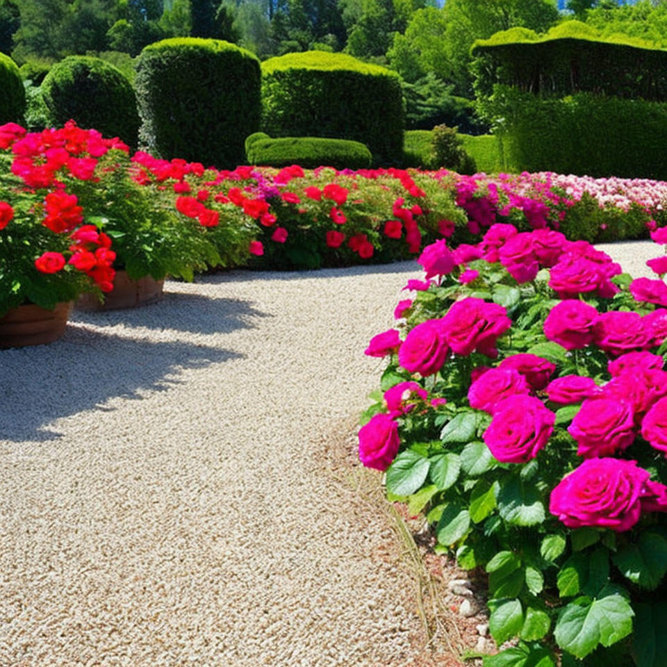 Lush garden path with vibrant roses and green topiary