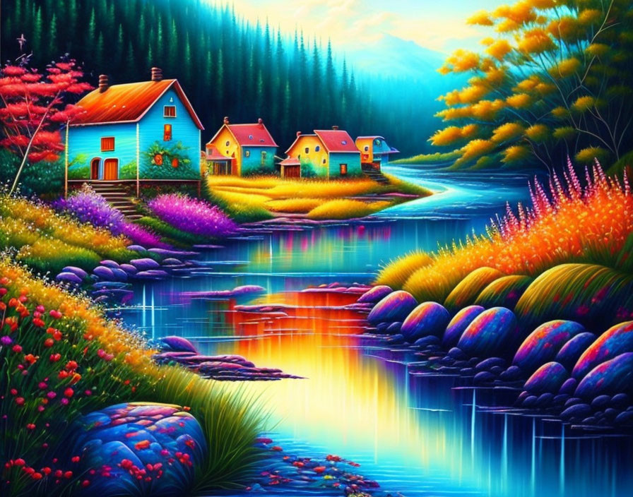 Colorful Flora, River, Houses, Hills, Sunset Sky in Vibrant Landscape