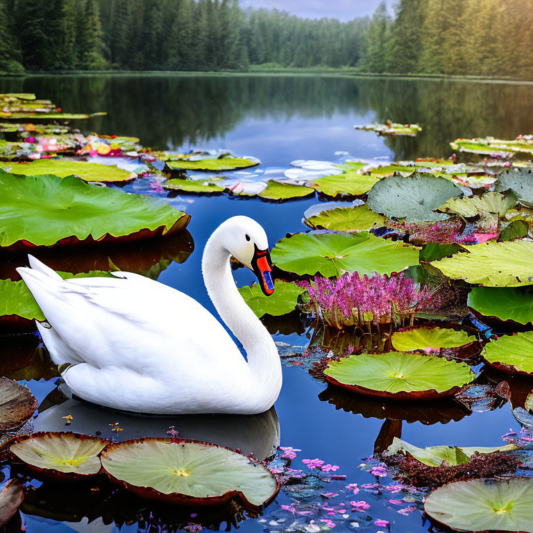 White Swan Gliding on Tranquil Lake with Water Lilies