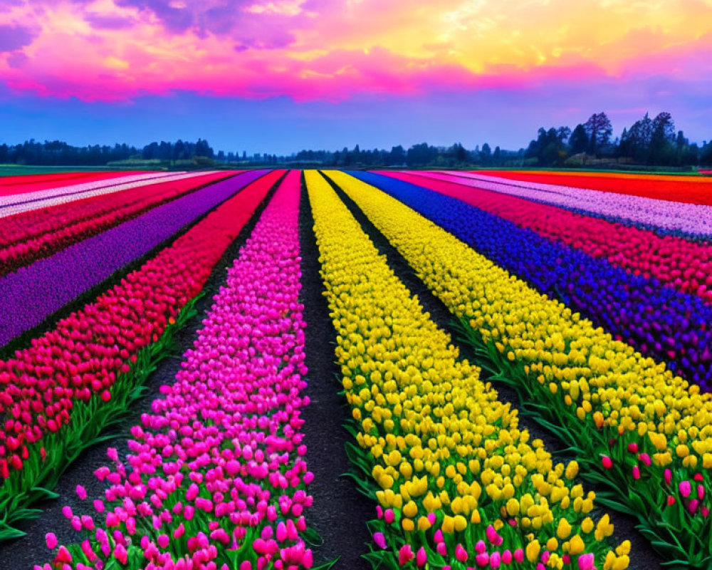 Colorful tulip fields under a sunset sky: pink, red, yellow, purple flowers.