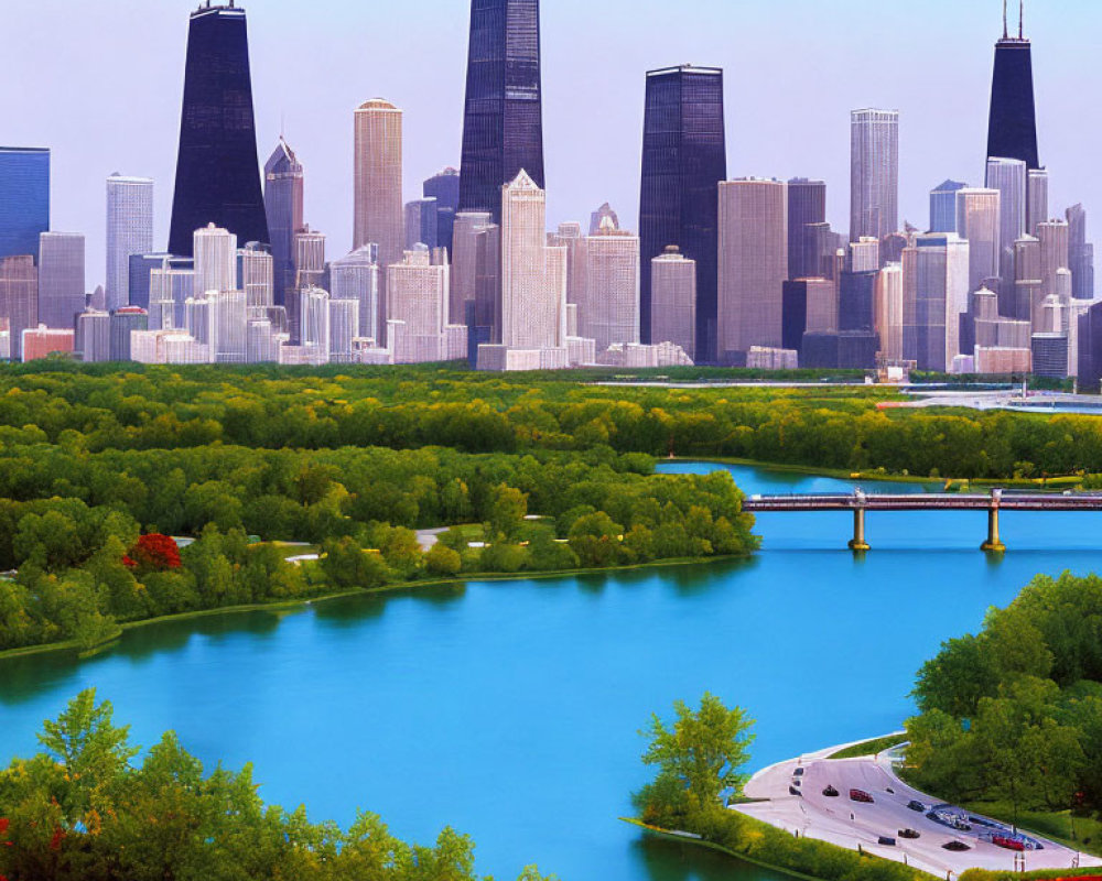 Urban skyline with skyscrapers, river, greenery, and road view