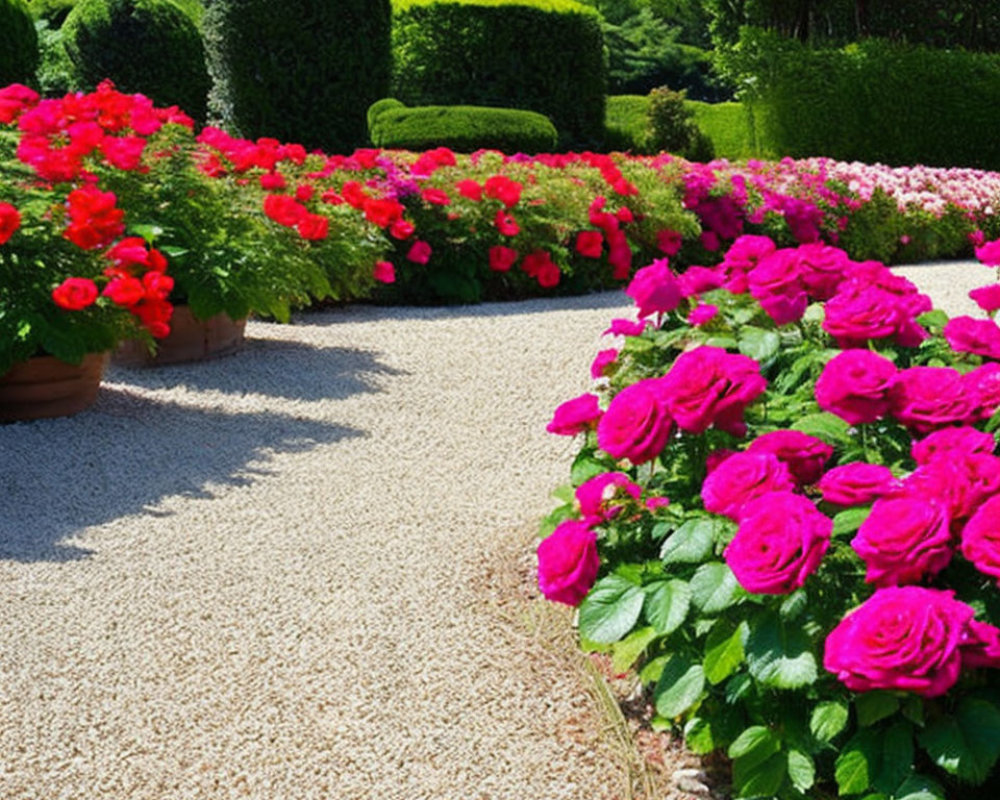 Lush garden path with vibrant roses and green topiary