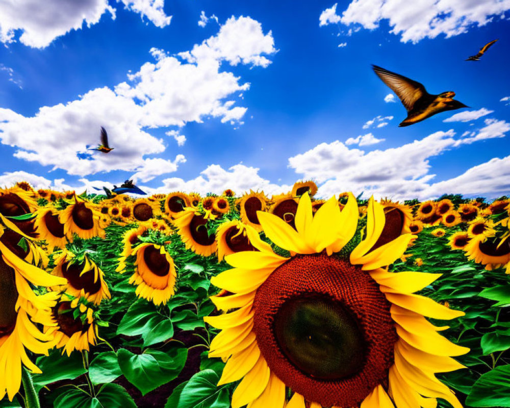 Scenic sunflower field under blue sky with birds