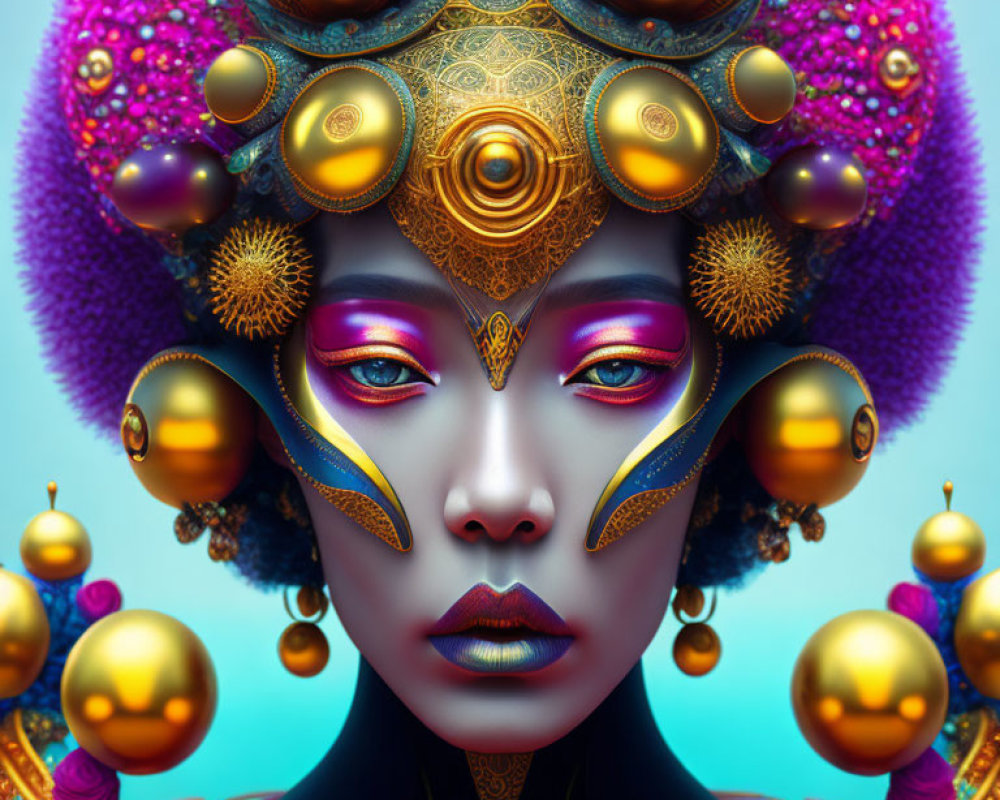 Colorful digital portrait of a woman with ornate gold and purple headdress