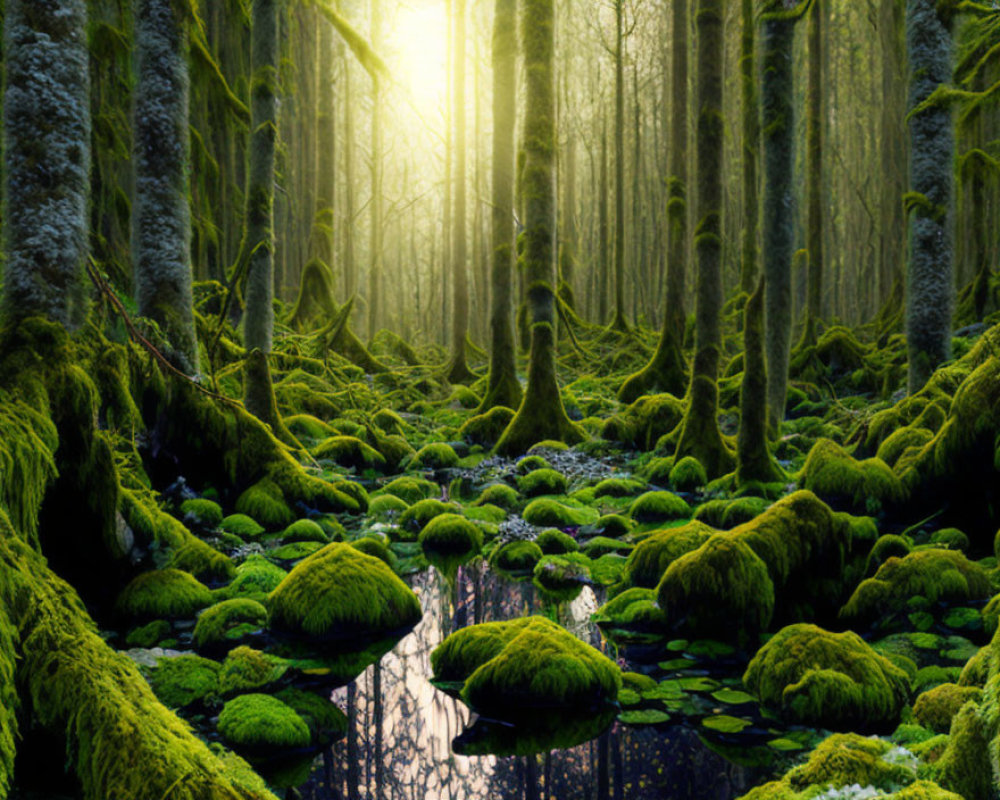 Tranquil Forest Scene with Moss-Covered Trees and Sunbeams