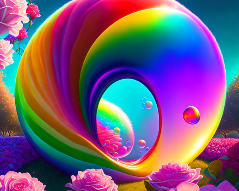 Colorful Rainbow Torus in Magical Garden with Pink Roses at Twilight