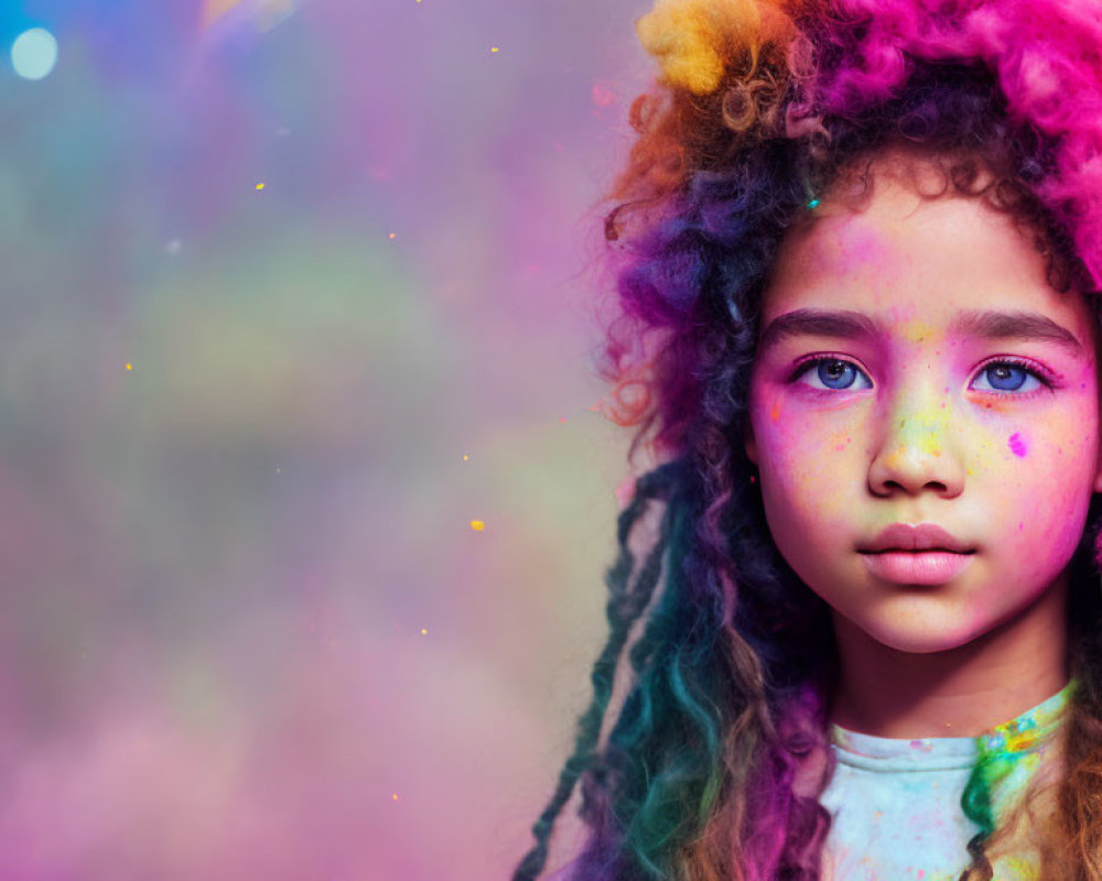 Colorful Curly-Haired Girl with Glitter on Face in Vibrant Bokeh Background