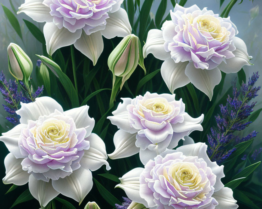 White Roses with Purple Edges and Surrounding Flowers: Delicate and Ornate Bouquet