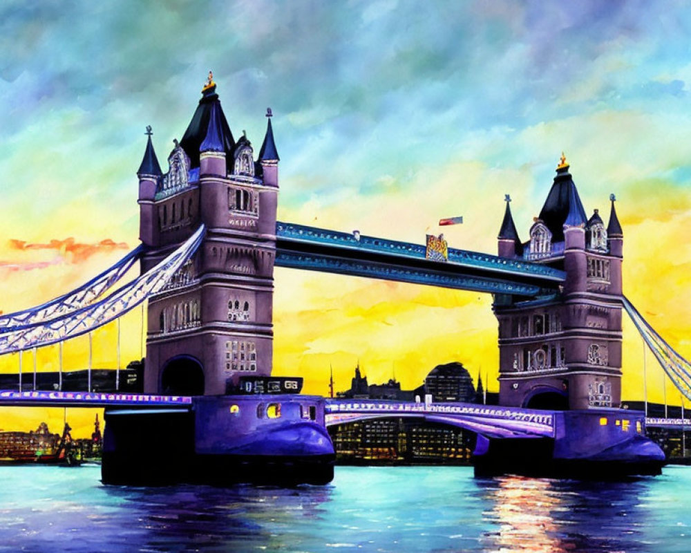 Vibrant Tower Bridge painting at sunset with Thames River reflections