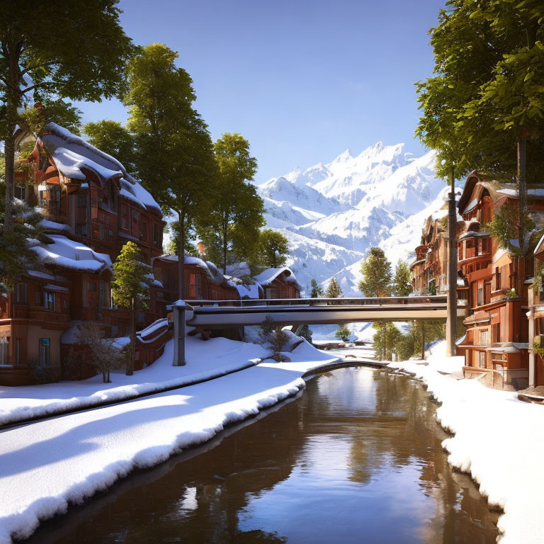 Snow-covered canal with alpine-style buildings, bridge, and mountains