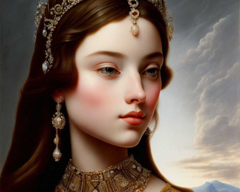 Young woman portrait with jeweled tiara and elegant earrings against cloudy sky