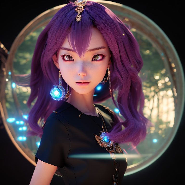 3D image of girl with purple hair and violet eyes in forest setting