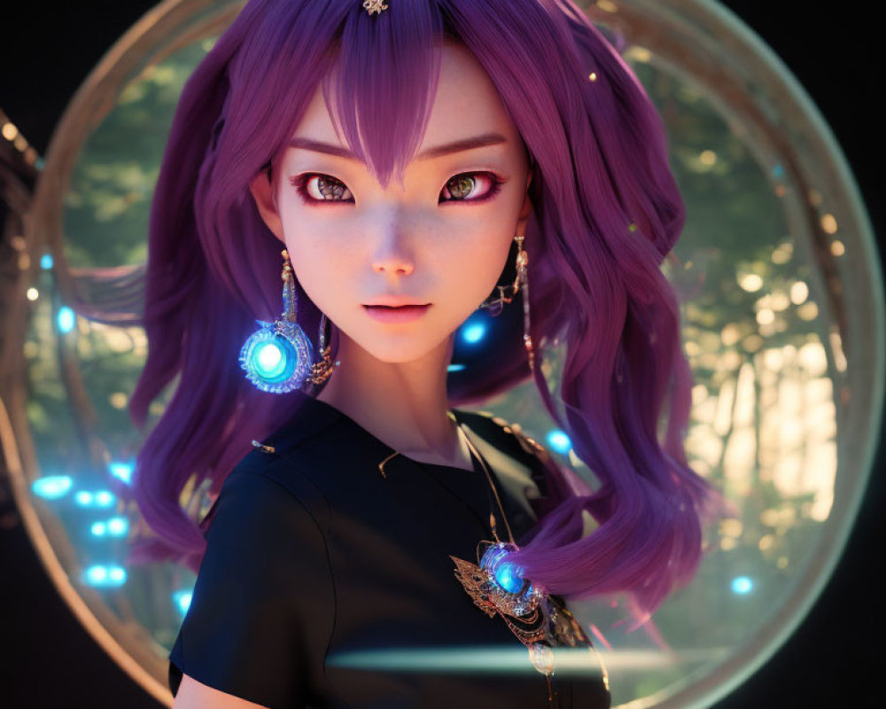 3D image of girl with purple hair and violet eyes in forest setting