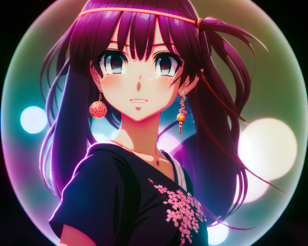 Close-up of animated girl with long brown hair, hairband, and sparkling earrings against colorful glowing orb