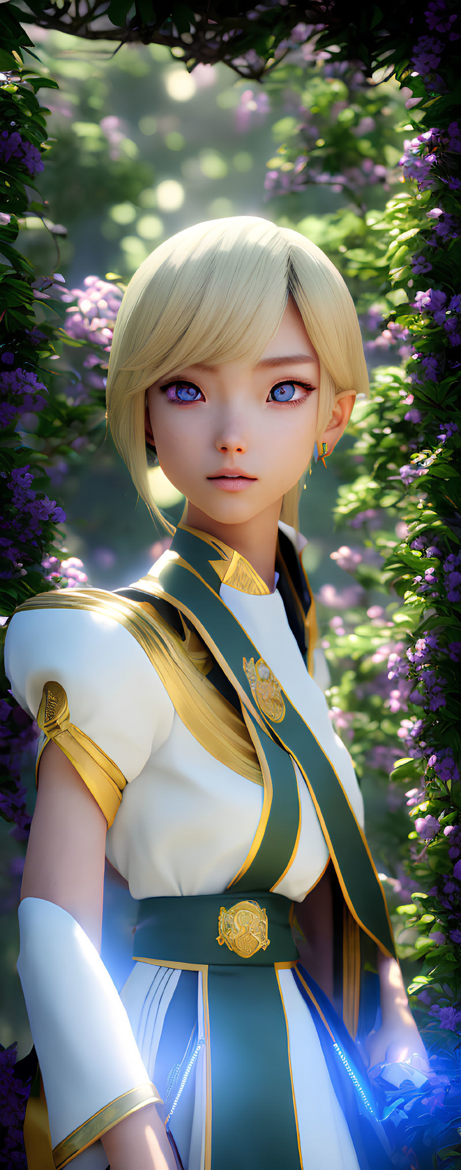 Blond-Haired Anime Female in White and Blue Outfit Among Purple Flowers