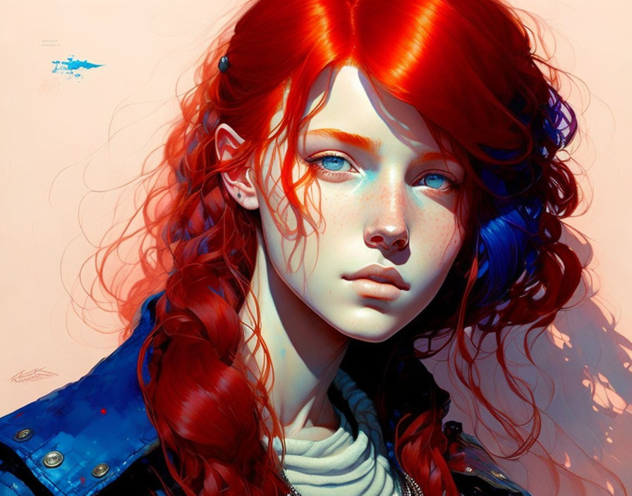 Vibrant red-haired woman with blue eyes and freckles in blue jacket.