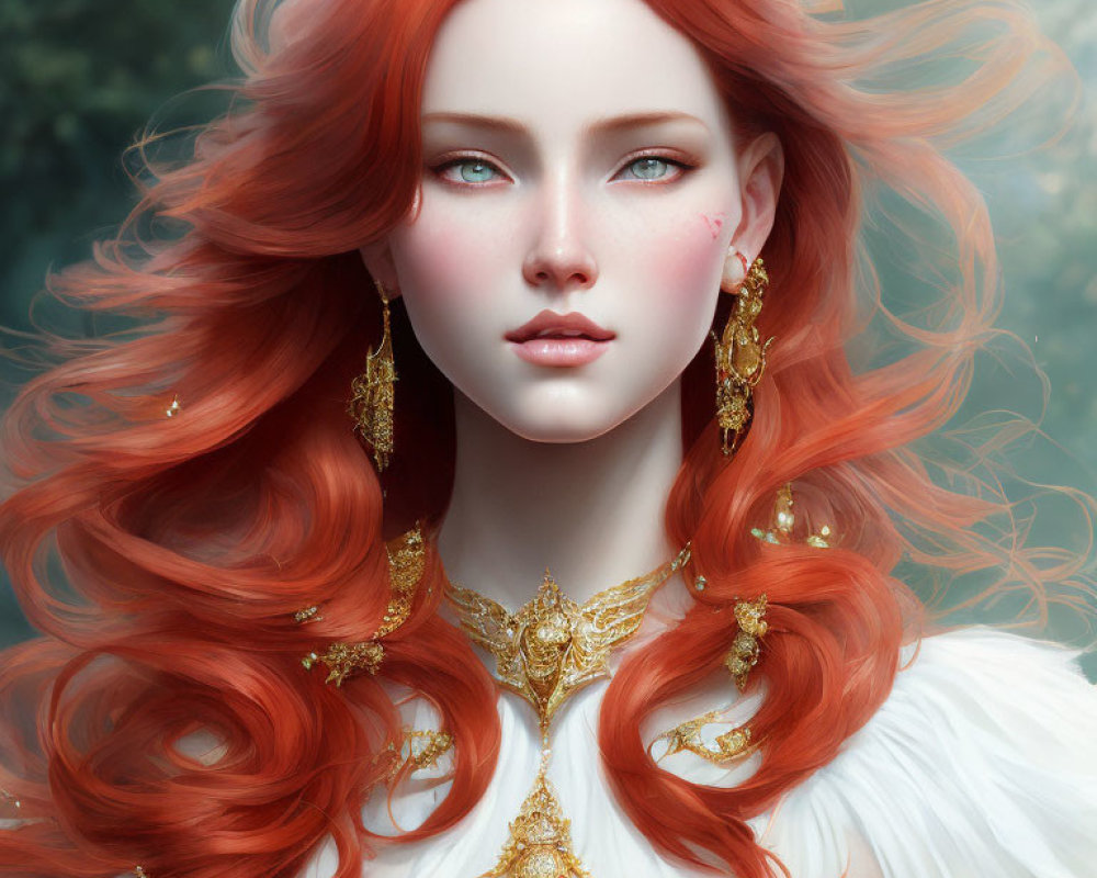 Digital artwork: Woman with red hair, blue eyes, gold jewelry, natural backdrop