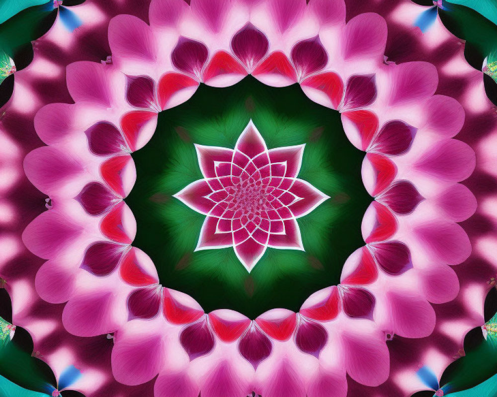 Colorful kaleidoscopic image with pink floral patterns and geometric lotus design