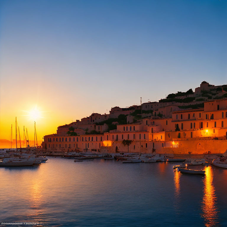 Sunset harbor scene with boats, glowing lights, and clear sky.