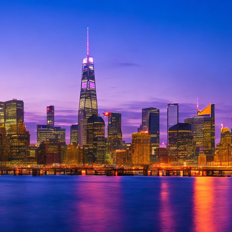 Metropolitan city skyline at twilight with illuminated skyscrapers and water reflection.