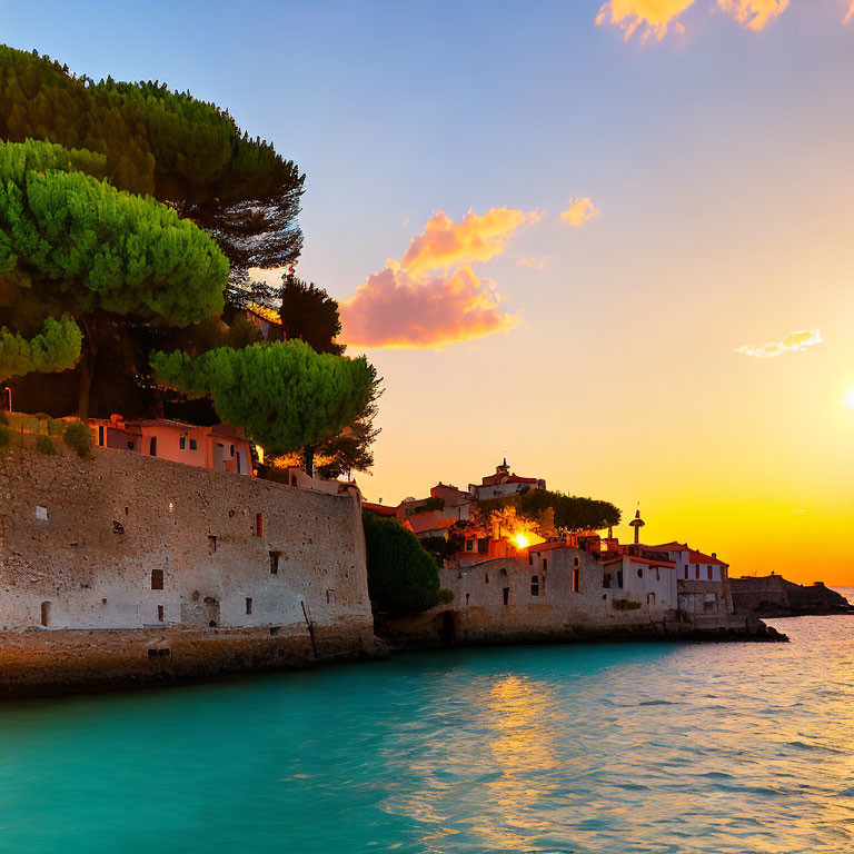 Vibrant sunset coastal scene with historical buildings and lush green trees