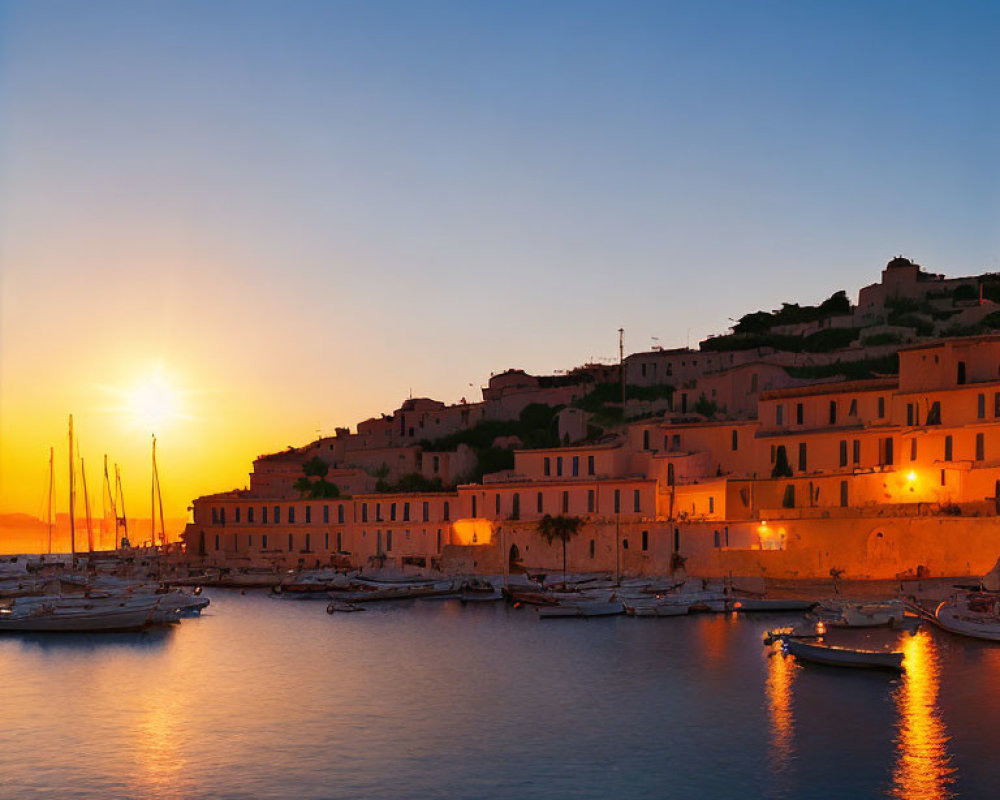 Sunset harbor scene with boats, glowing lights, and clear sky.