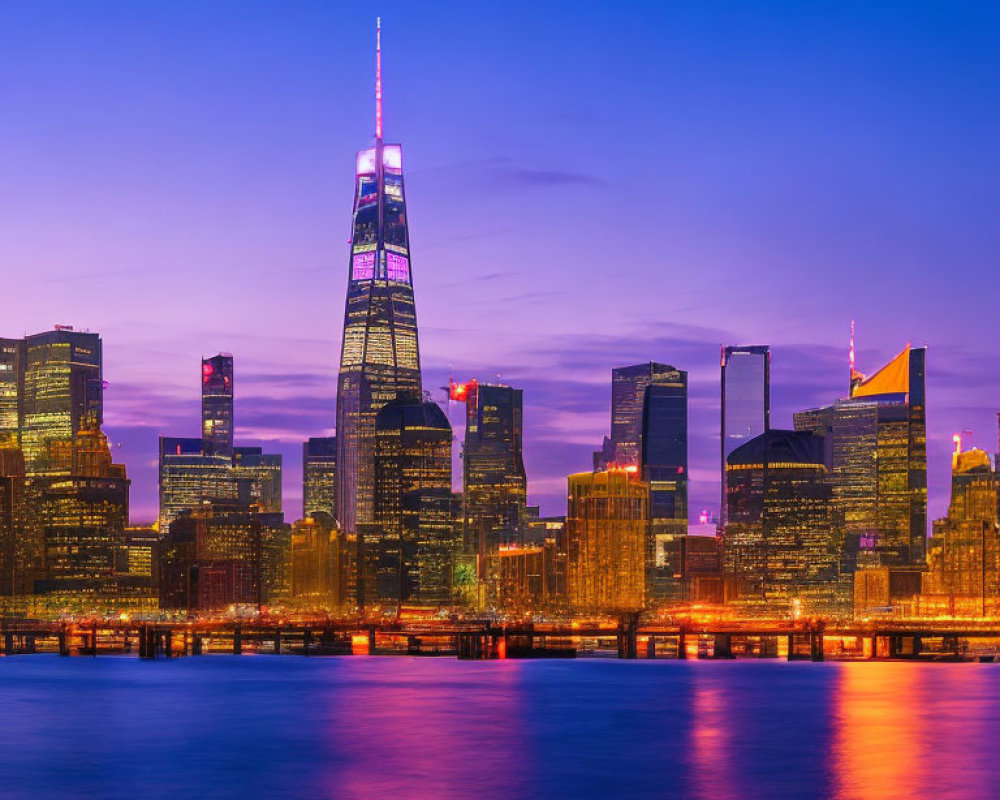 Metropolitan city skyline at twilight with illuminated skyscrapers and water reflection.