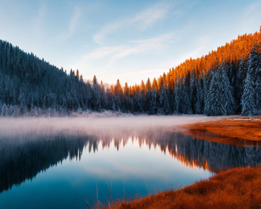 Snow-covered pine trees reflected in serene lake at sunrise with mist and clear blue sky