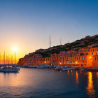 Sunset harbor scene with boats, glowing lights, and clear sky.