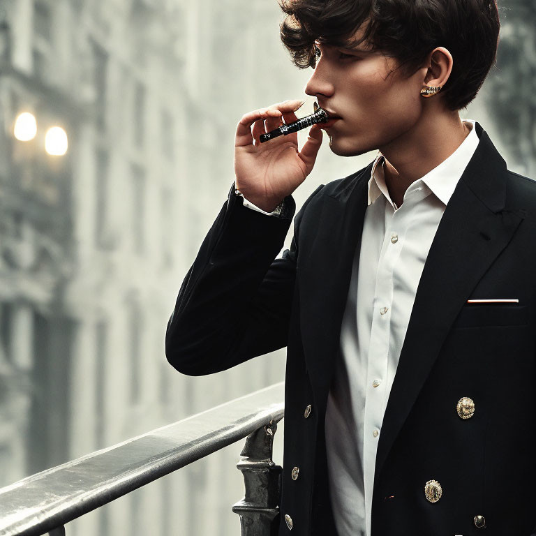 Stylish young man in blazer vaping in urban setting