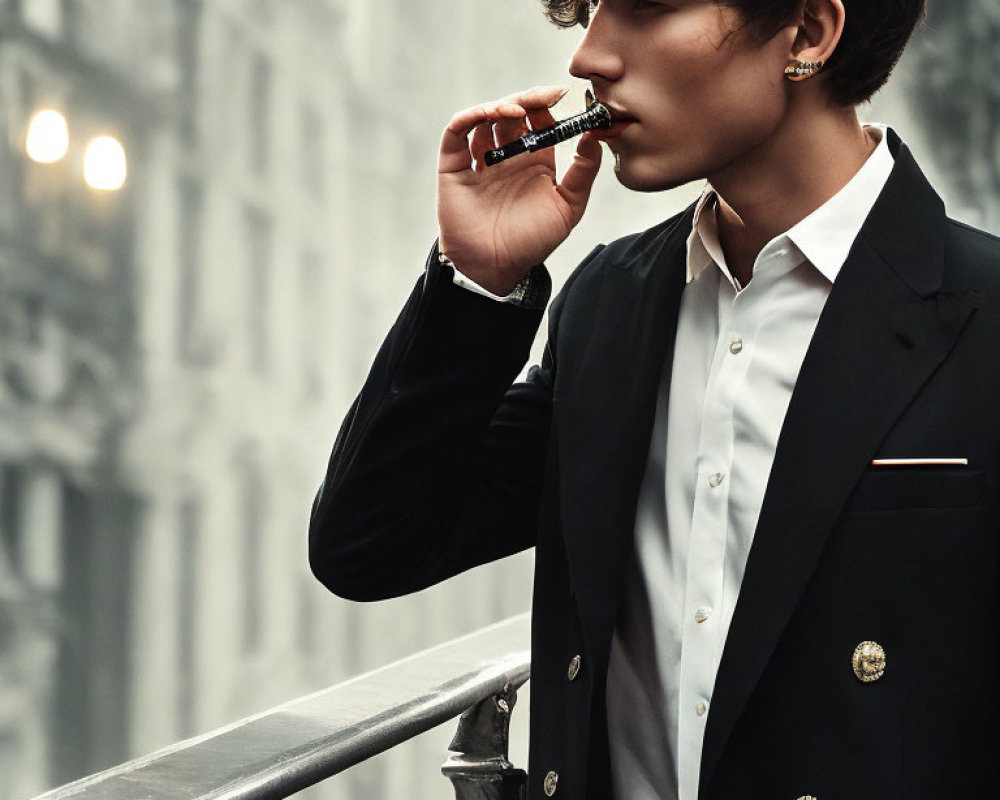 Stylish young man in blazer vaping in urban setting