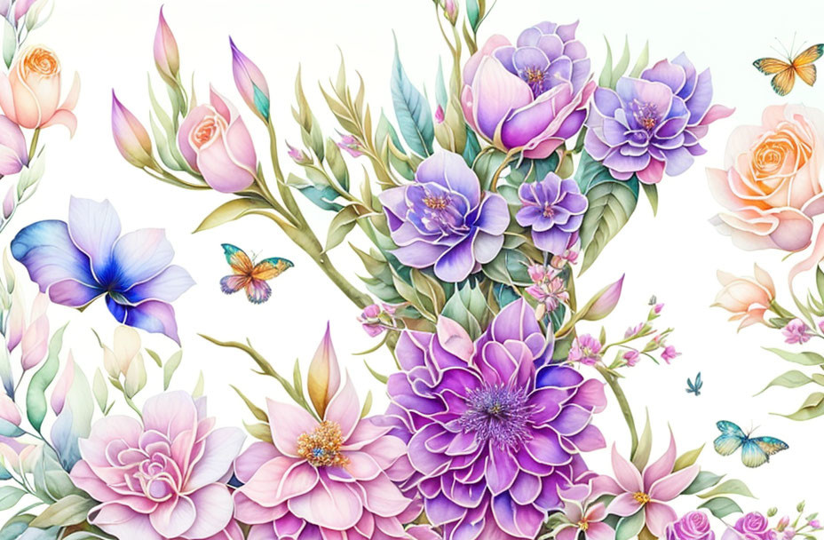 Colorful Flower and Butterfly Illustration in Purple, Pink, and Blue