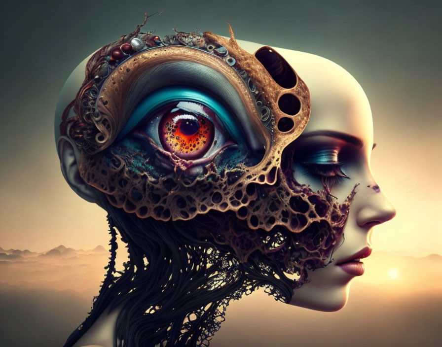 Surreal female figure with mechanical eye in organic structure against dusk sky