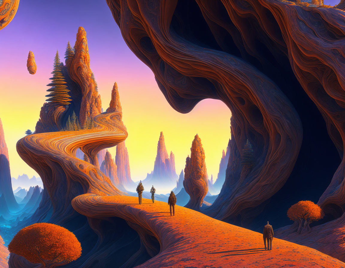 Vibrant surreal landscape with towering rock formations and silhouetted figures