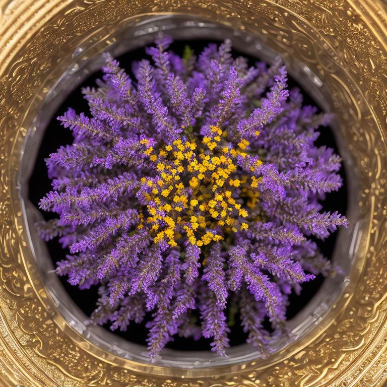 Vibrant Purple and Yellow Flowers in Golden Ornate Bowl