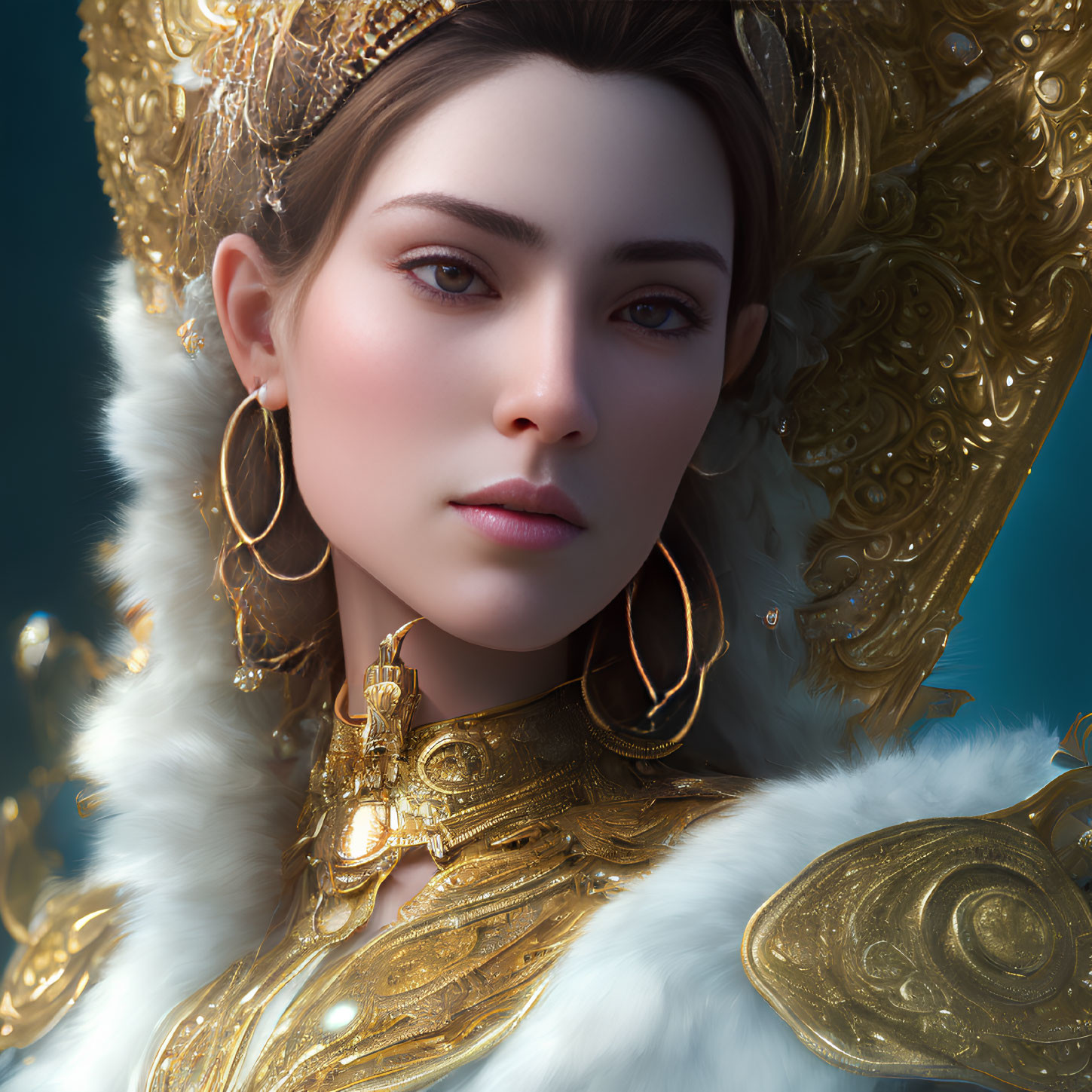 Digital art portrait of woman in gold headdress and armor with white fur collar