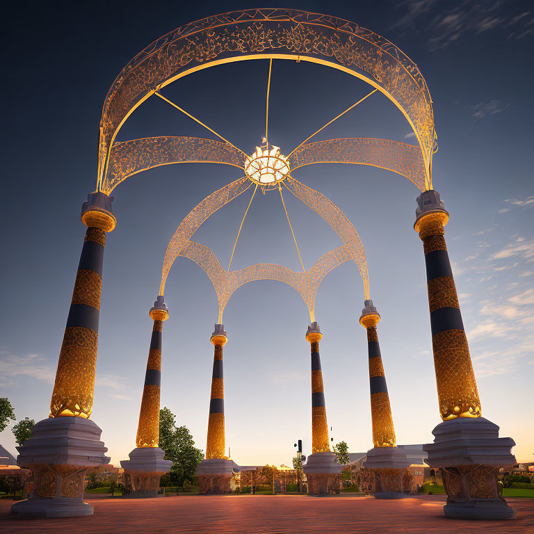 Elaborate Golden Patterns on White Marble Columns at Dusk