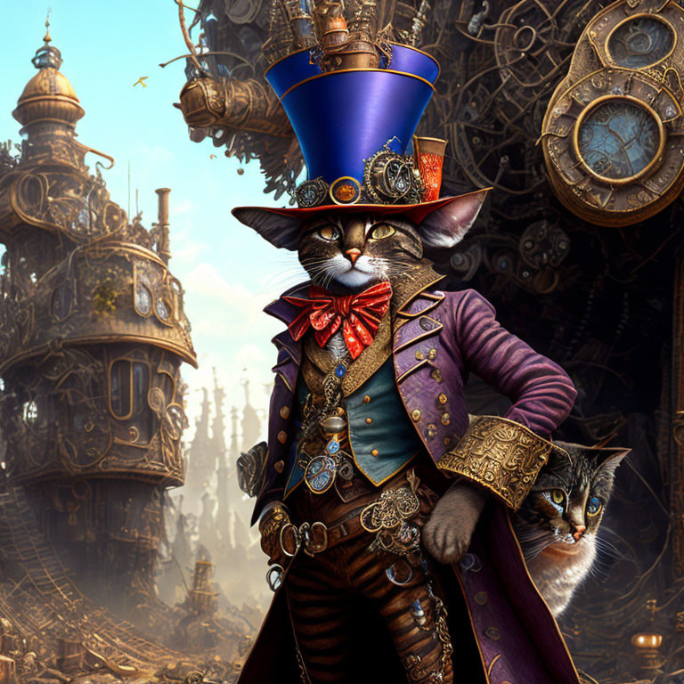 Steampunk-themed anthropomorphic cat with kitten in fantastical mechanical setting