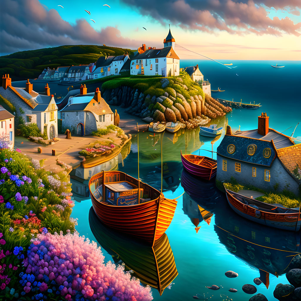 Scenic coastal village: sunset, vibrant flowers, calm water.