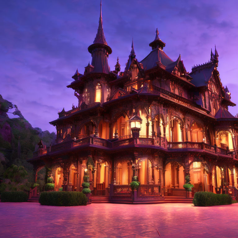 Gothic-style mansion with illuminated windows and spires at twilight