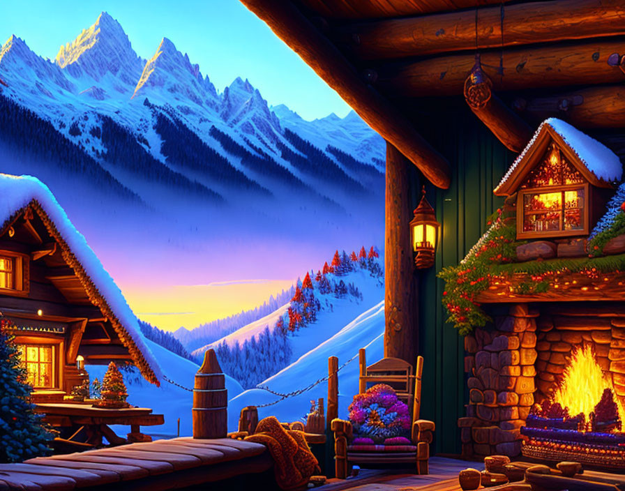 Snowy Mountain Cabin with Fireplace & Festive Decorations