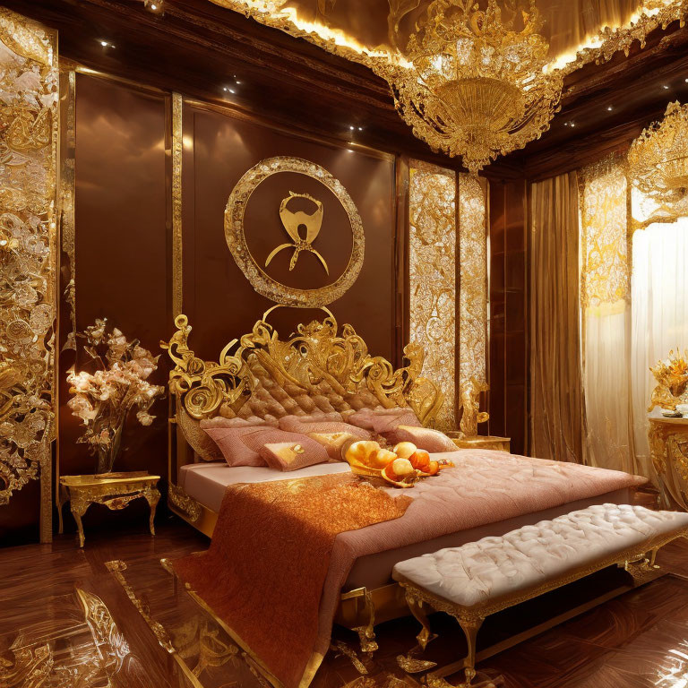 Luxurious Gold-Themed Bedroom with Ornate Bed and Chandelier