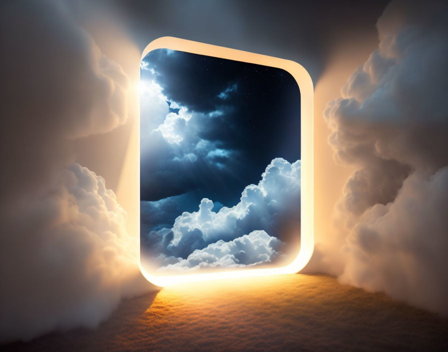 Glowing portal in night sky surrounded by clouds