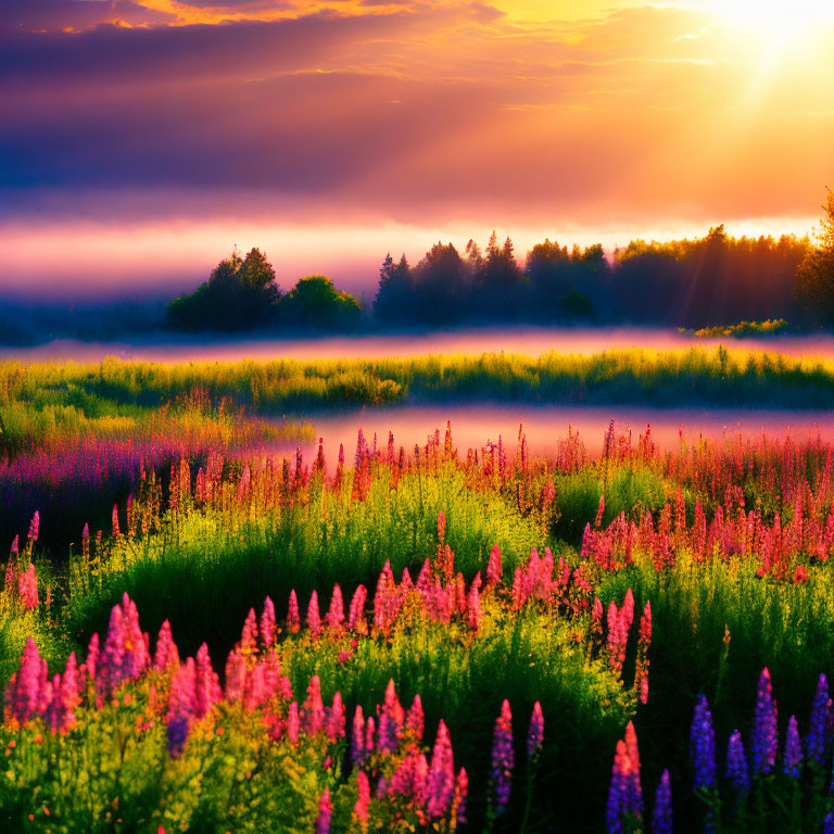 Vibrant purple lupines in misty sunrise landscape