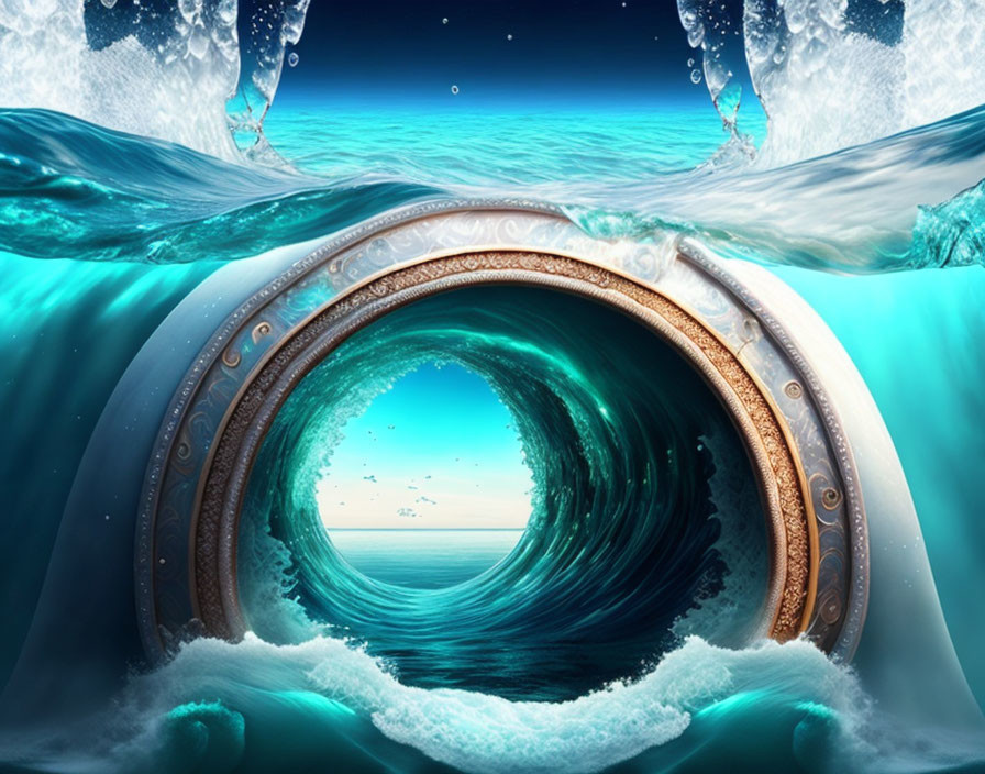 Circular frame portal with water tunnel leading to ocean scene under starry sky