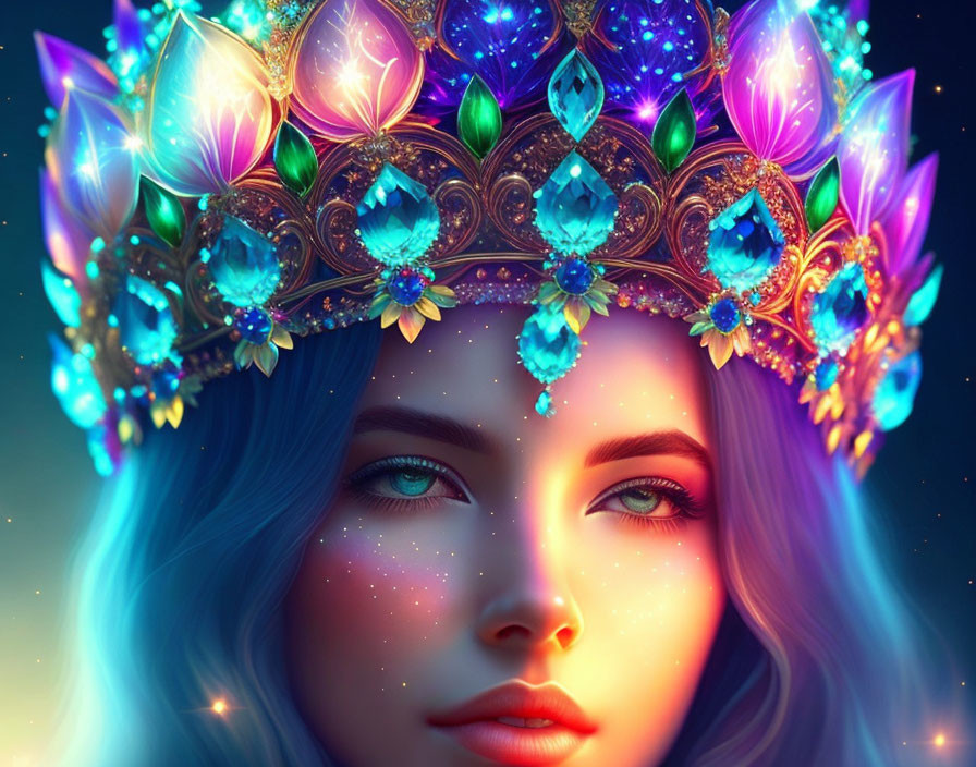 Woman with Blue Hair and Gem-Studded Crown in Ethereal Glow