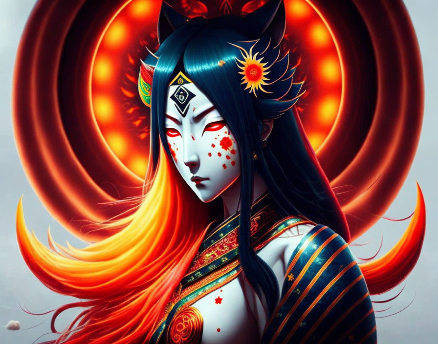 Illustration of woman with blue hair, red-orange highlights, intricate garments, and fiery halo of circular