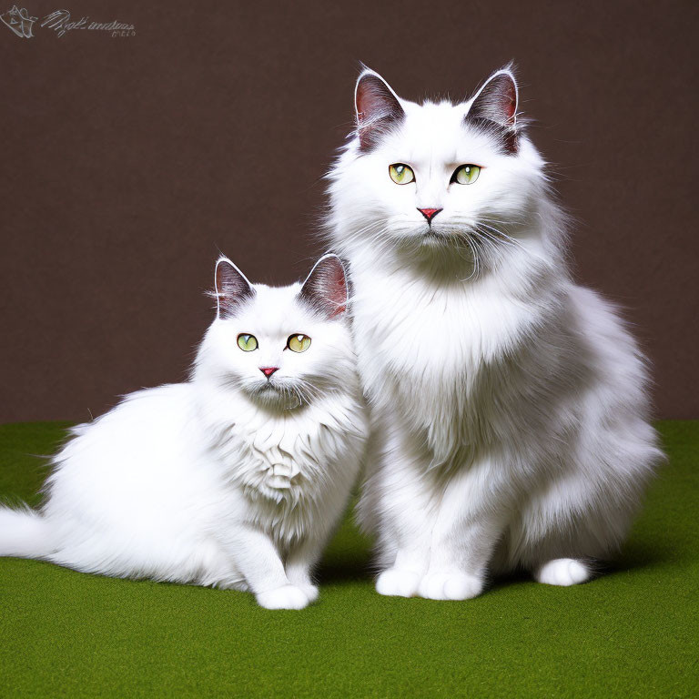 Two White Fluffy Cats with Green Eyes on Green Surface Against Brown Background